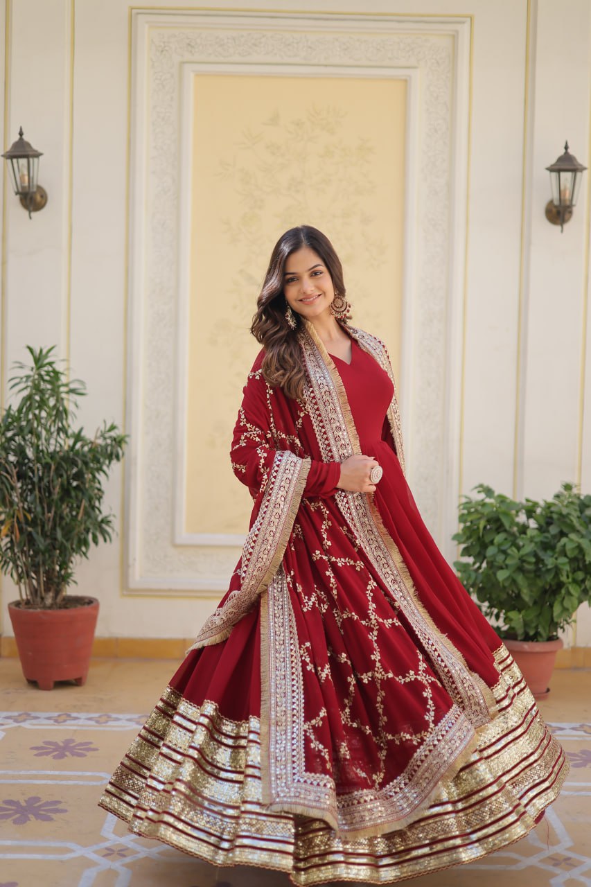 Red Colour Faux Blooming Embroidery Cari Sequence Work Gown