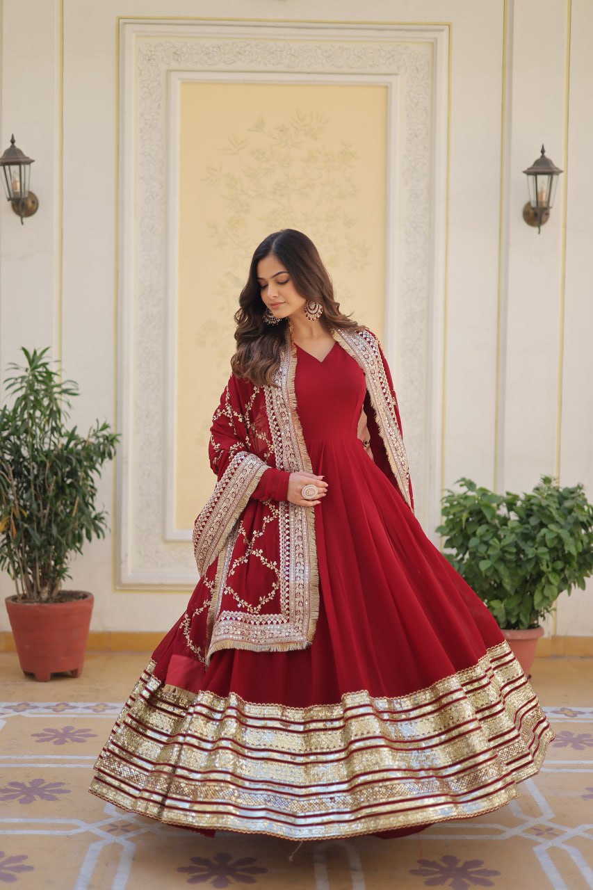 Red Colour Faux Blooming Embroidery Cari Sequence Work Gown