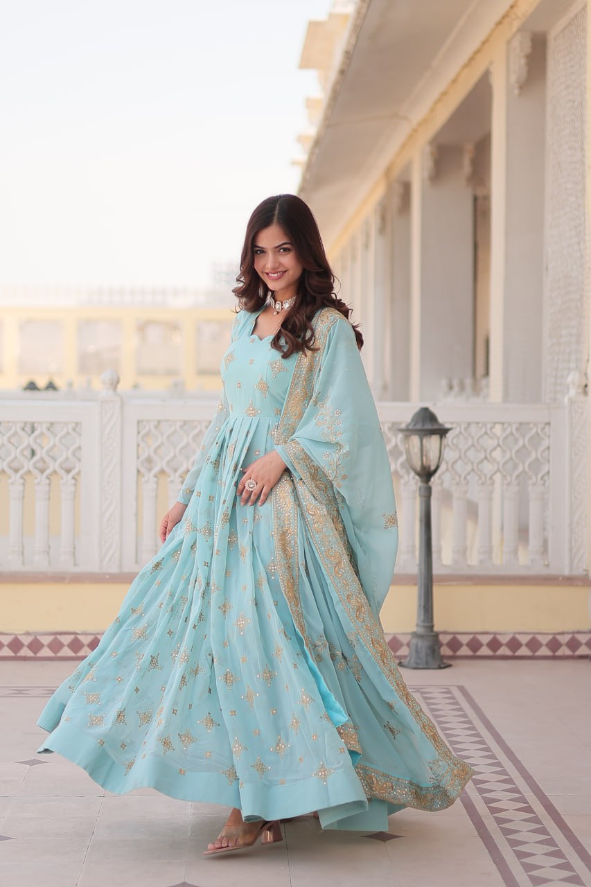 Sky Blue Sequin Embroidered Georgette Gown With Dupatta