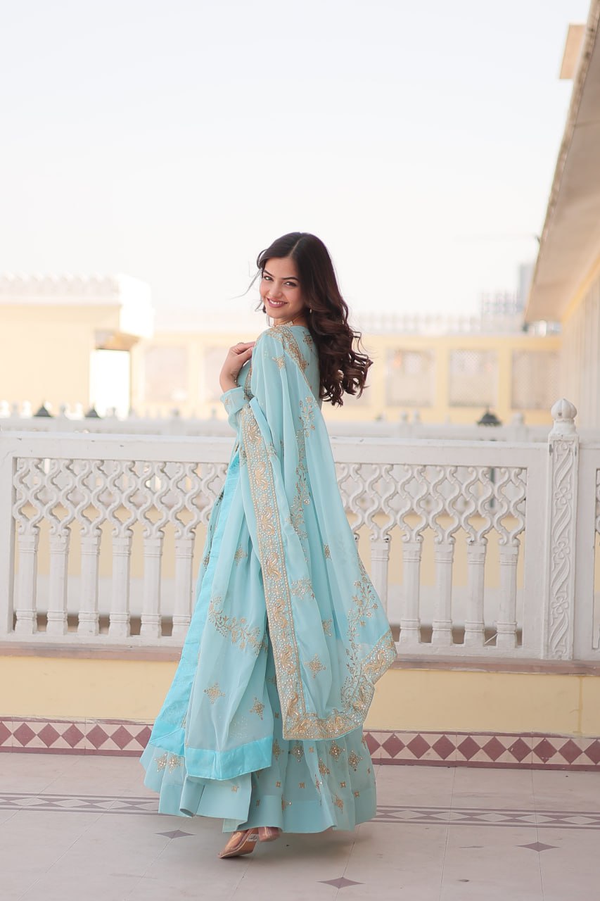 Sky Blue Sequin Embroidered Georgette Gown With Dupatta