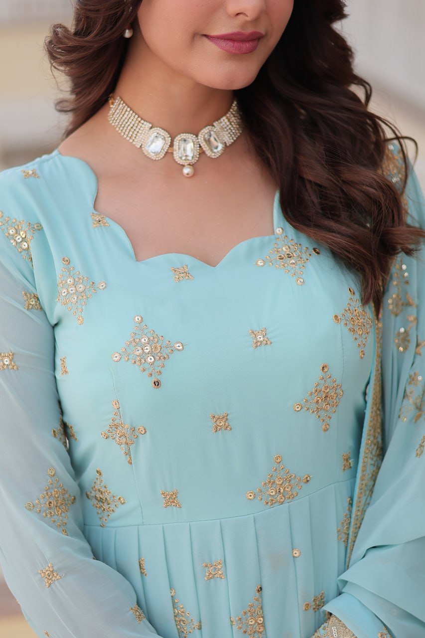 Sky Blue Sequin Embroidered Georgette Gown With Dupatta