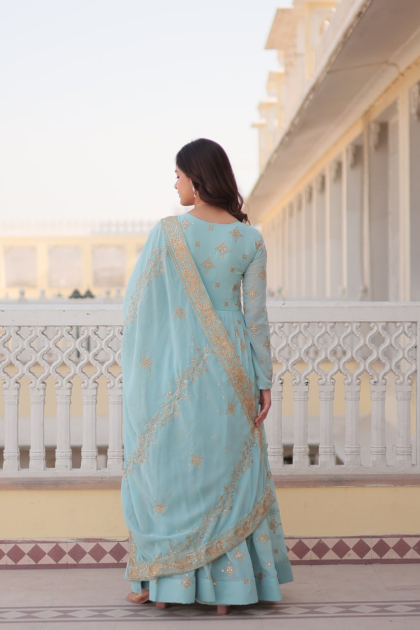 Sky Blue Sequin Embroidered Georgette Gown With Dupatta