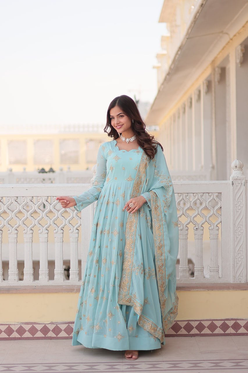 Sky Blue Sequin Embroidered Georgette Gown With Dupatta