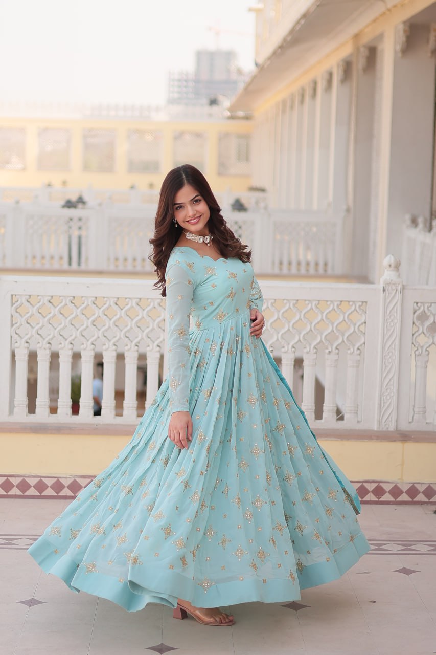 Sky Blue Sequin Embroidered Georgette Gown With Dupatta