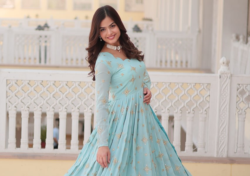 Sky Blue Sequin Embroidered Georgette Gown With Dupatta