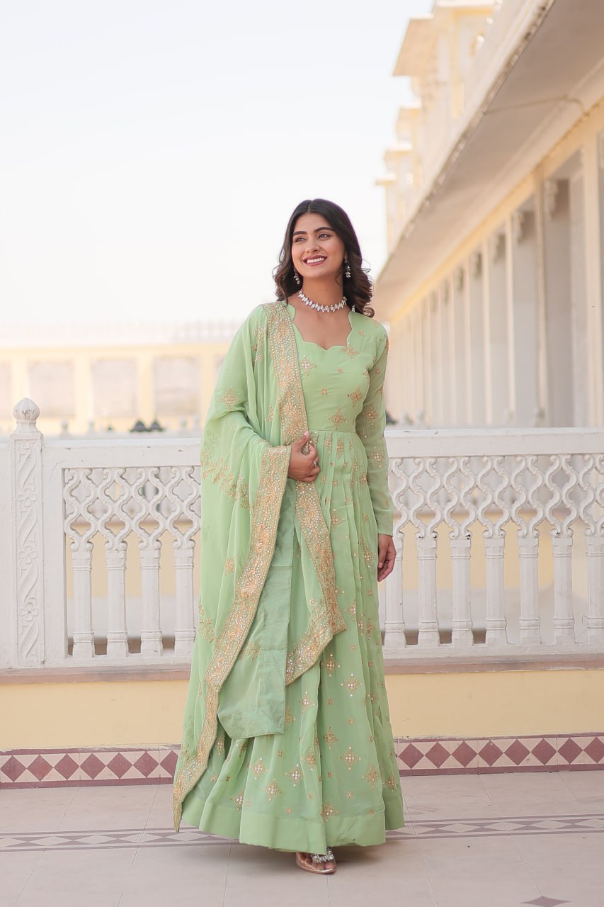 Green Sequin Embroidered Georgette Gown With Dupatta