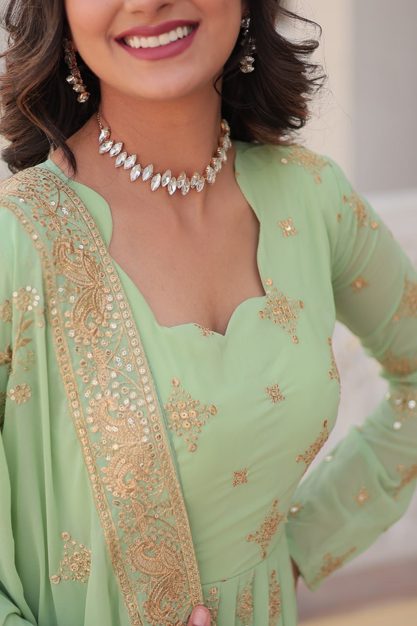 Green Sequin Embroidered Georgette Gown With Dupatta