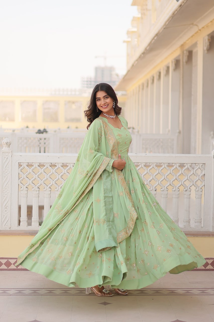 Green Sequin Embroidered Georgette Gown With Dupatta