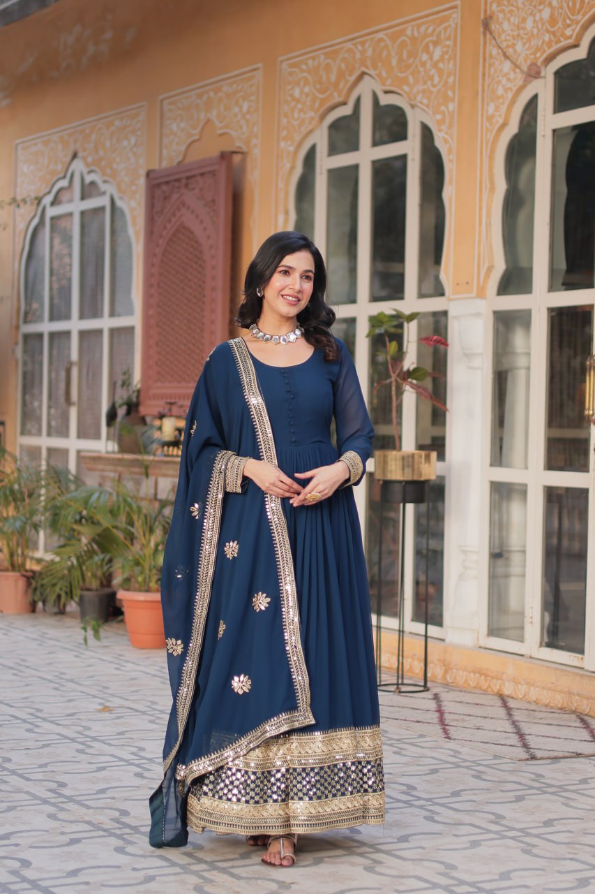 Faux Blooming with Embroidery Zari Sequins-work Blue Anarkali Gown With Dupatta