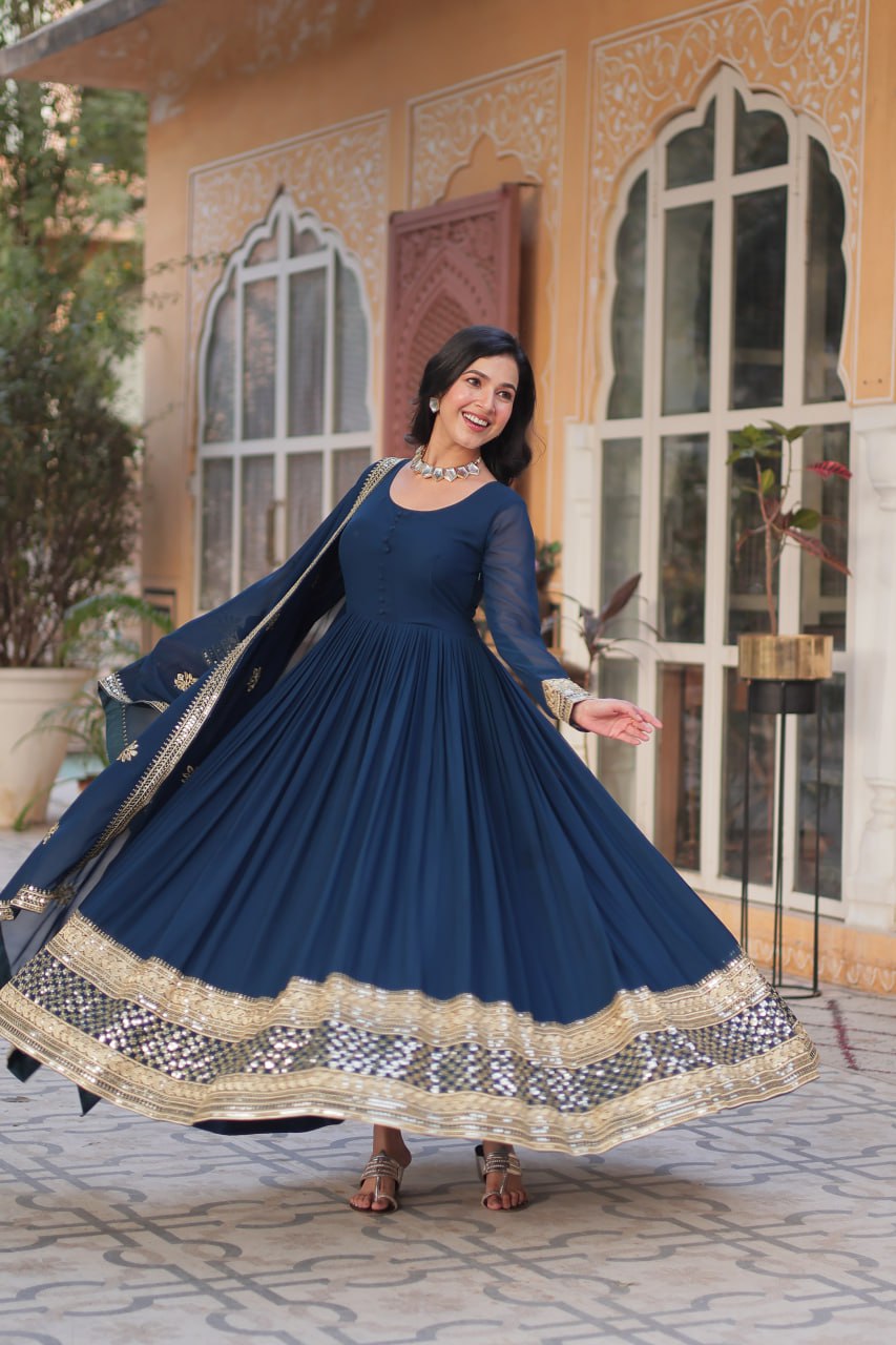 Faux Blooming with Embroidery Zari Sequins-work Blue Anarkali Gown With Dupatta