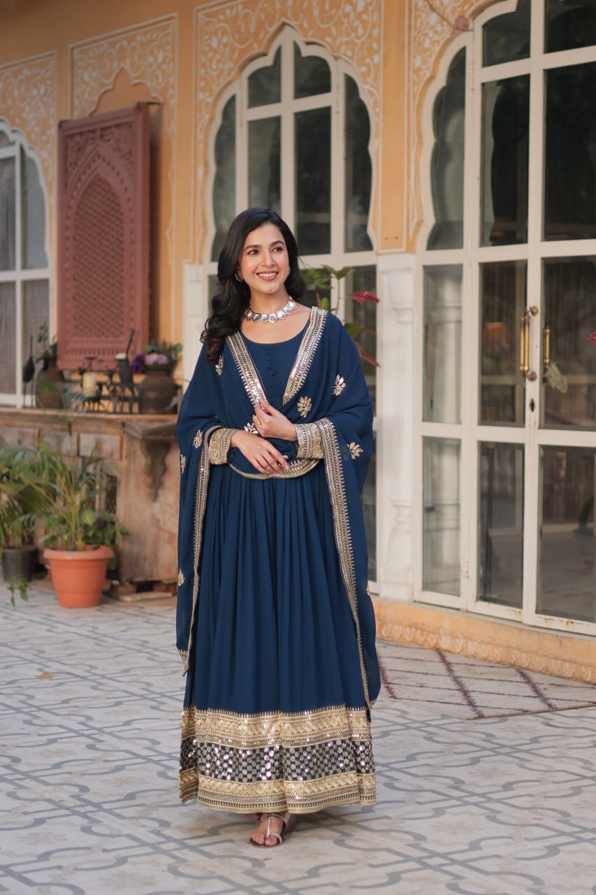 Faux Blooming with Embroidery Zari Sequins-work Blue Anarkali Gown With Dupatta