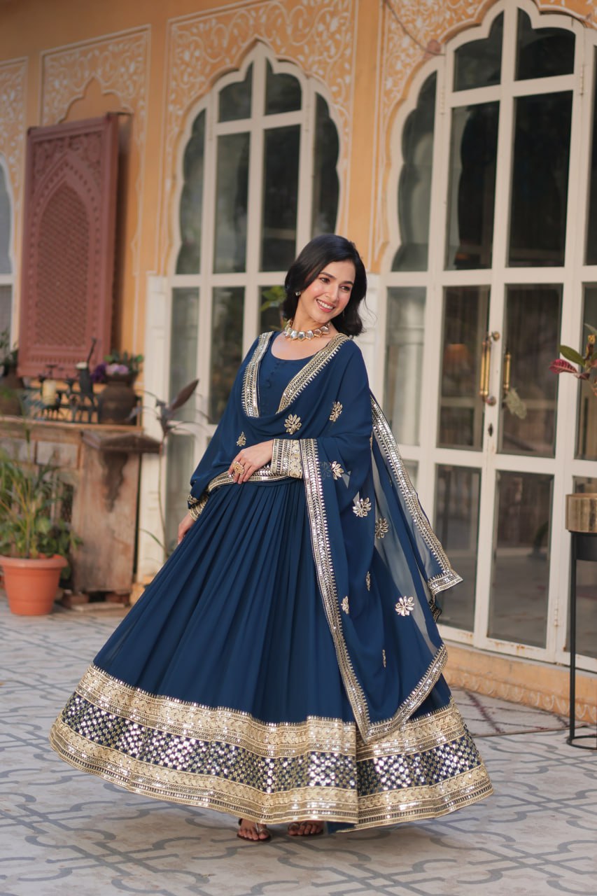 Faux Blooming with Embroidery Zari Sequins-work Blue Anarkali Gown With Dupatta