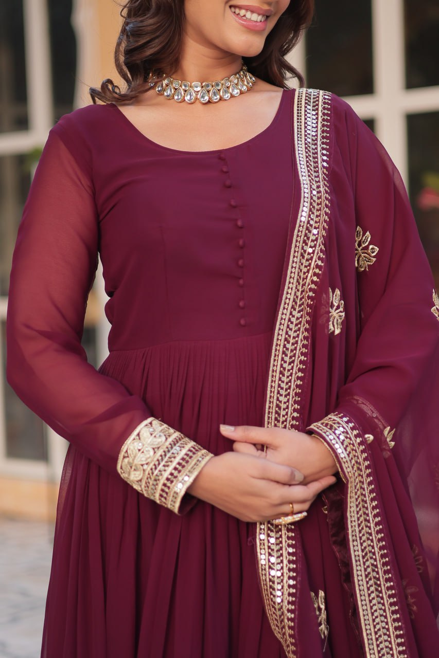 Faux Blooming with Embroidery Zari Sequins-work Maroon Anarkali Gown With Dupatta