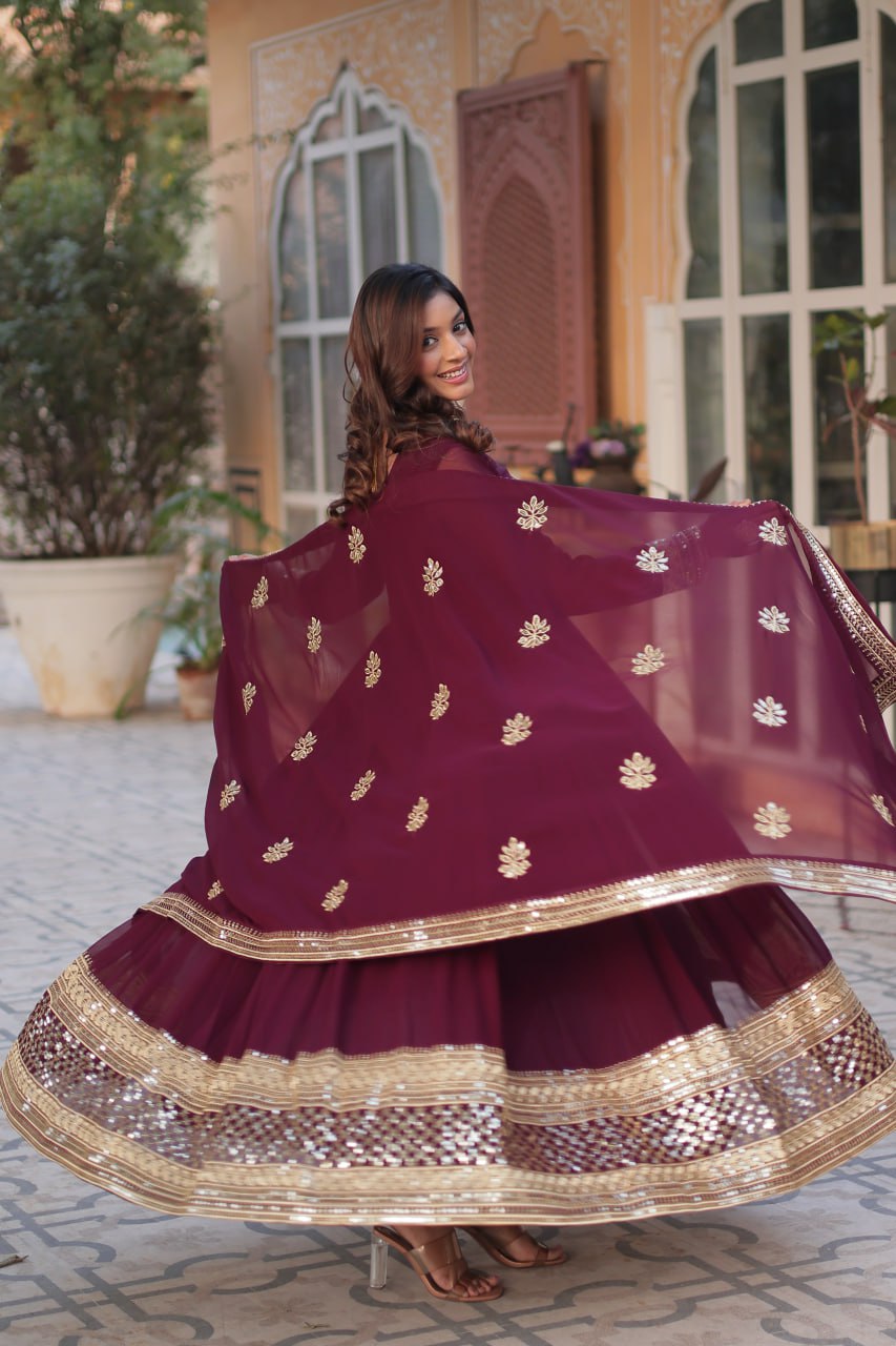 Faux Blooming with Embroidery Zari Sequins-work Maroon Anarkali Gown With Dupatta