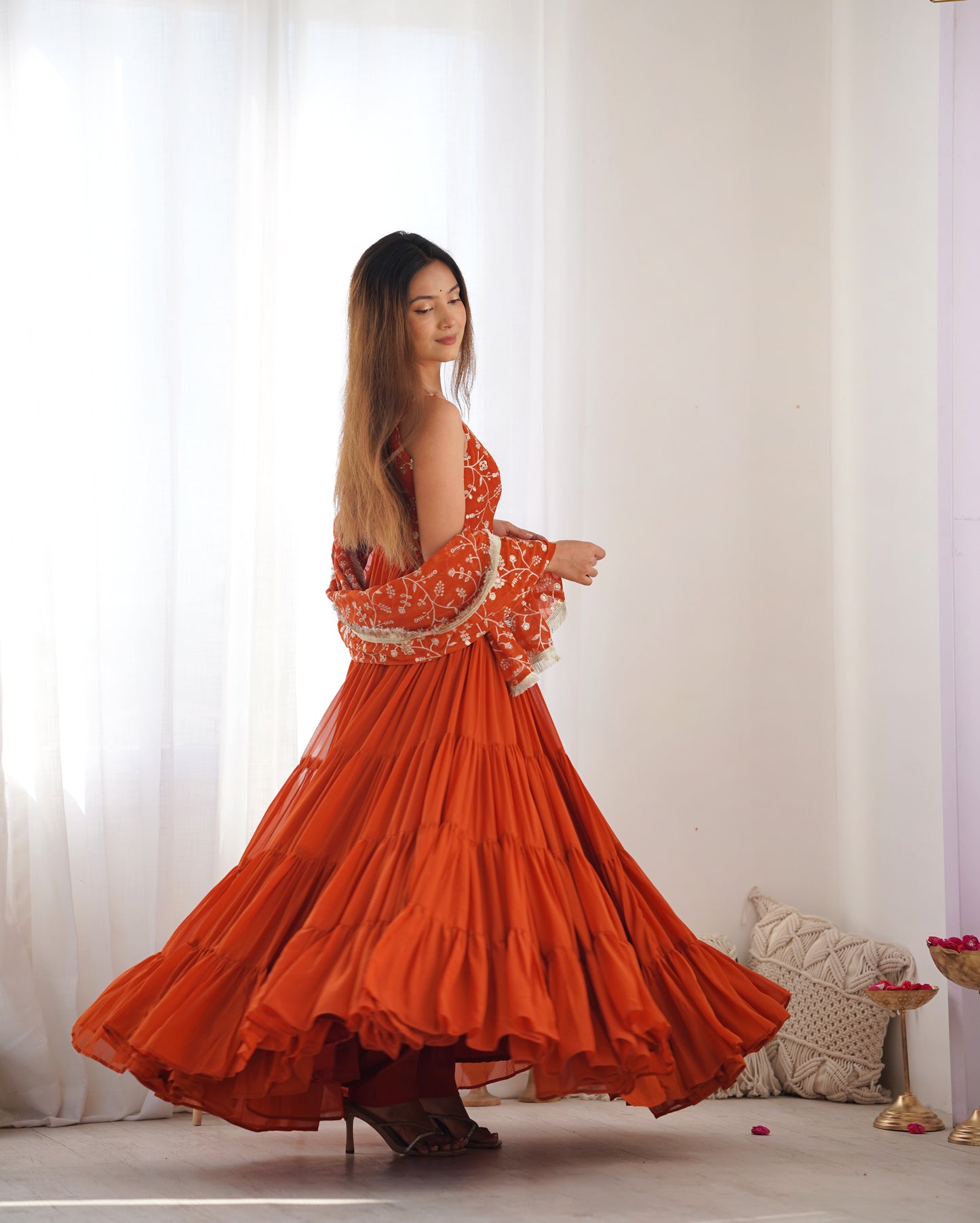 Orange Color Georgette Five Layer Ruffle Style Anarkali Gown