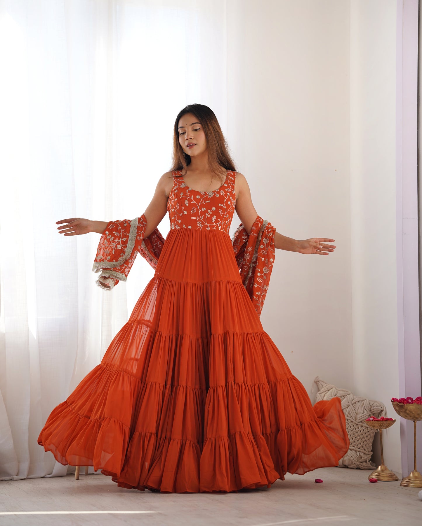 Orange Color Georgette Five Layer Ruffle Style Anarkali Gown