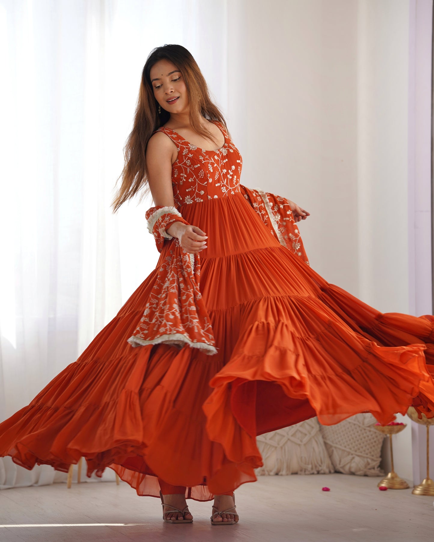 Orange Color Georgette Five Layer Ruffle Style Anarkali Gown