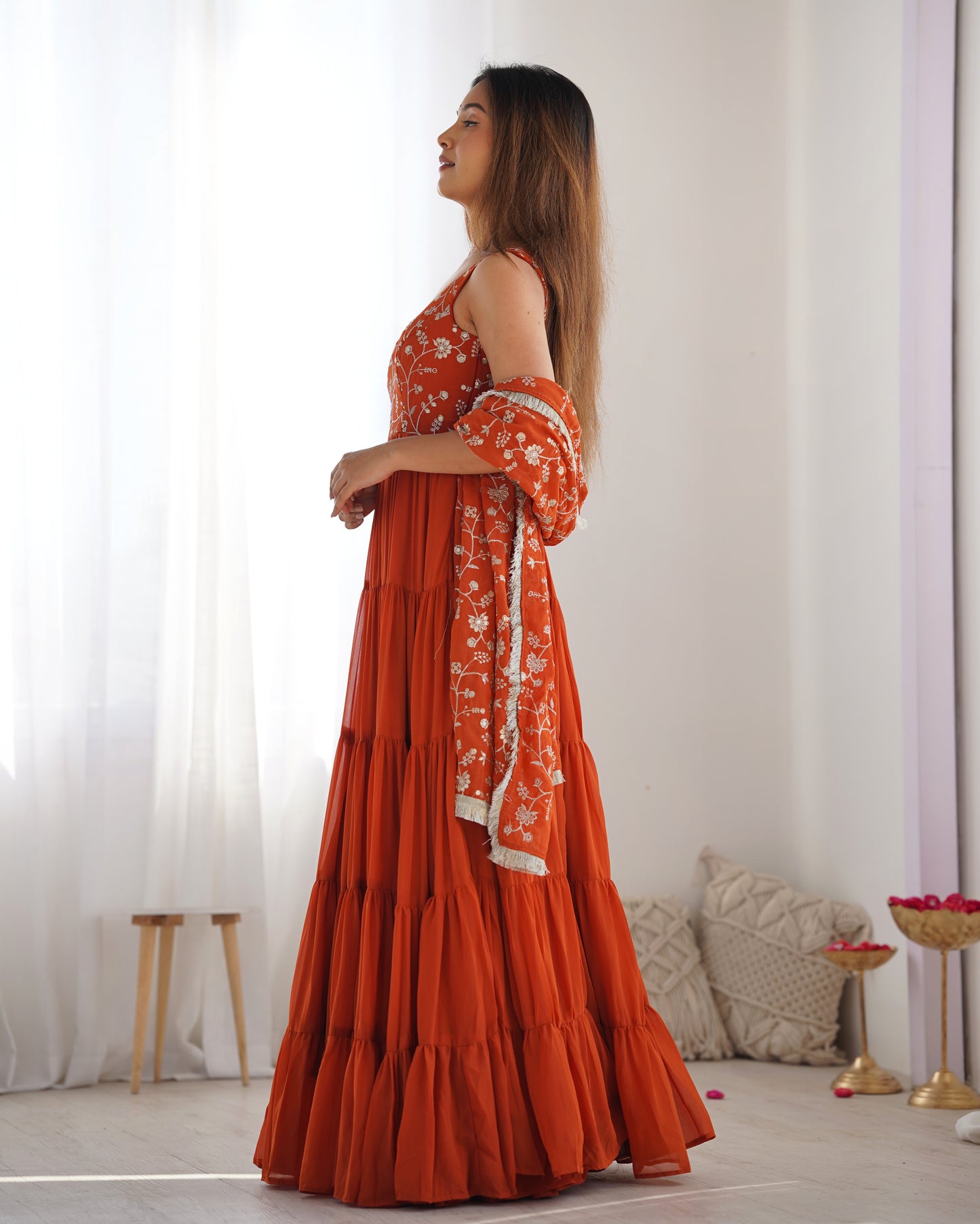 Orange Color Georgette Five Layer Ruffle Style Anarkali Gown
