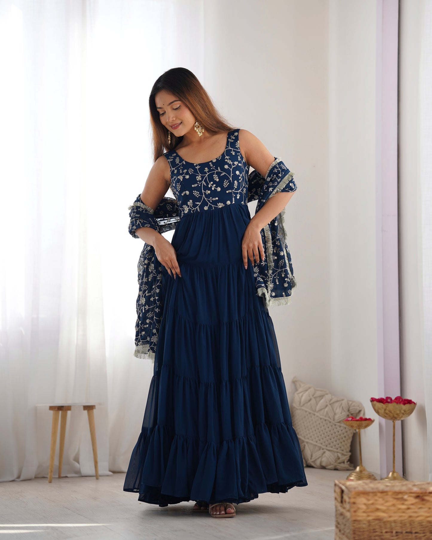Rama Color Georgette Five Layer Ruffle Style Anarkali Gown