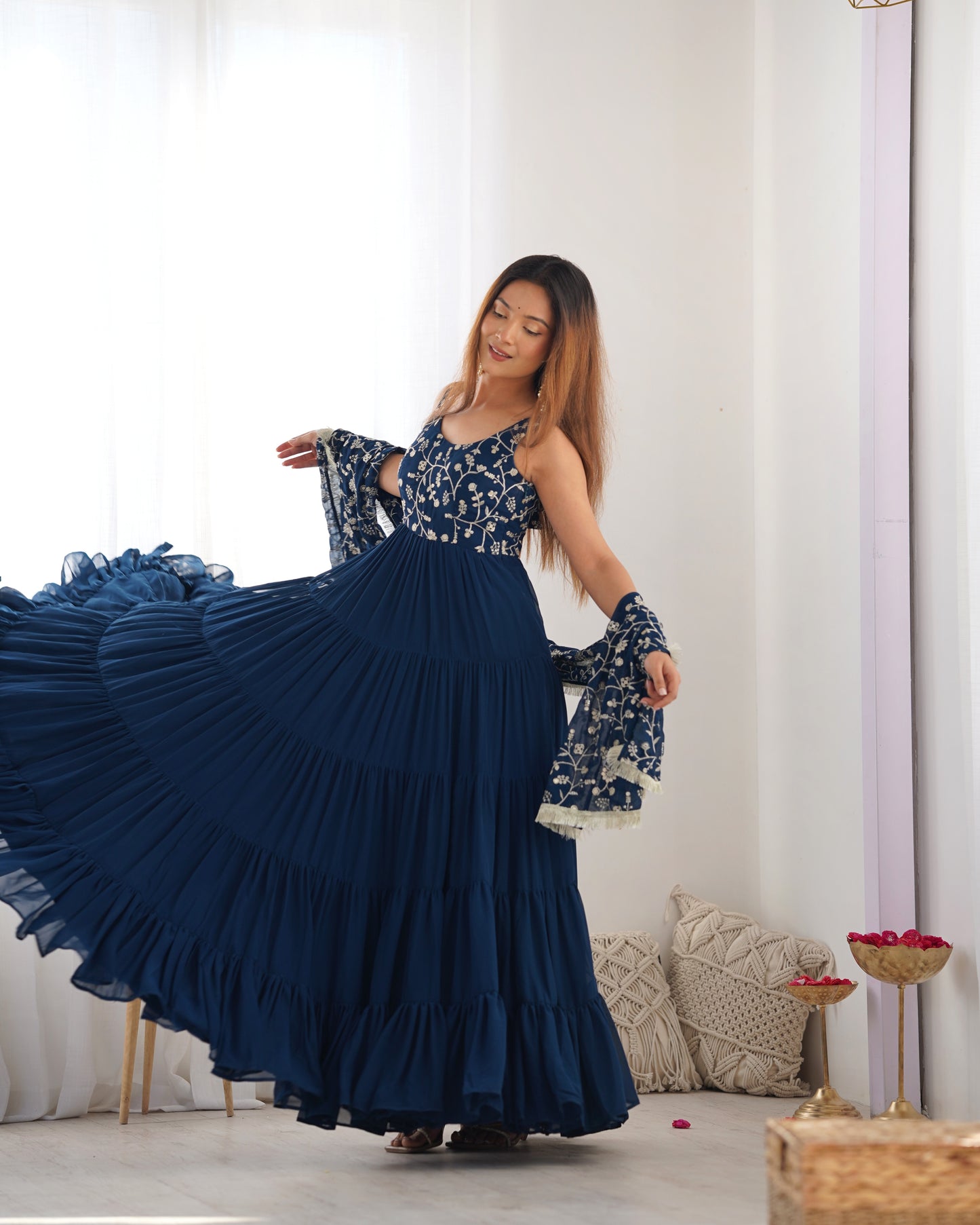 Rama Color Georgette Five Layer Ruffle Style Anarkali Gown