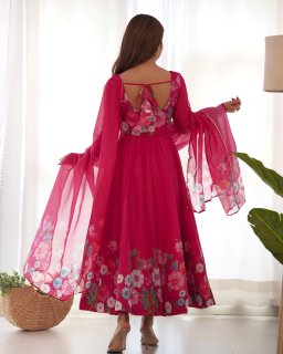 Incredible Pink Floral Printed Organza Festival Wear Anarkali Suit