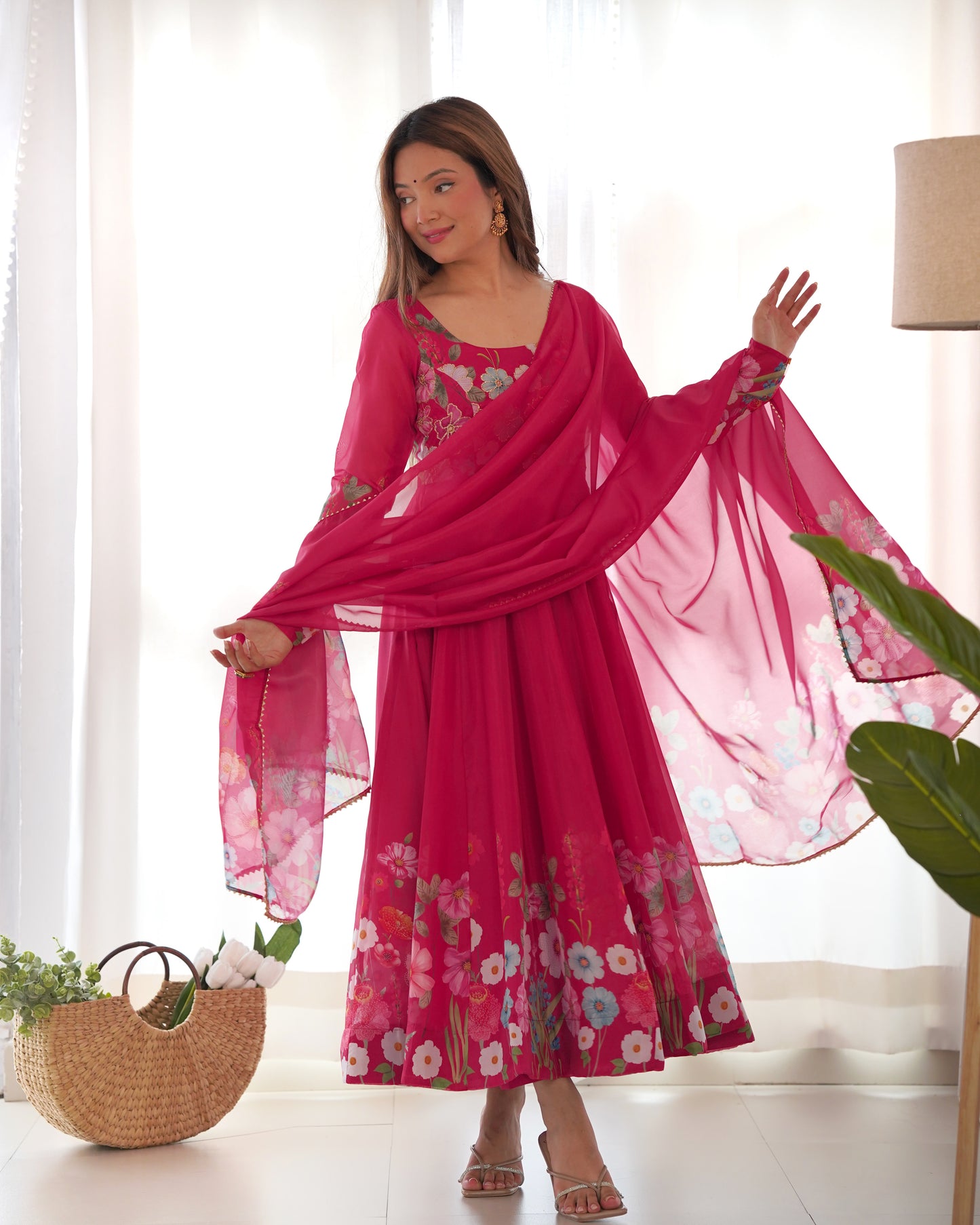 Incredible Pink Floral Printed Organza Festival Wear Anarkali Suit