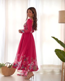 Incredible Pink Floral Printed Organza Festival Wear Anarkali Suit