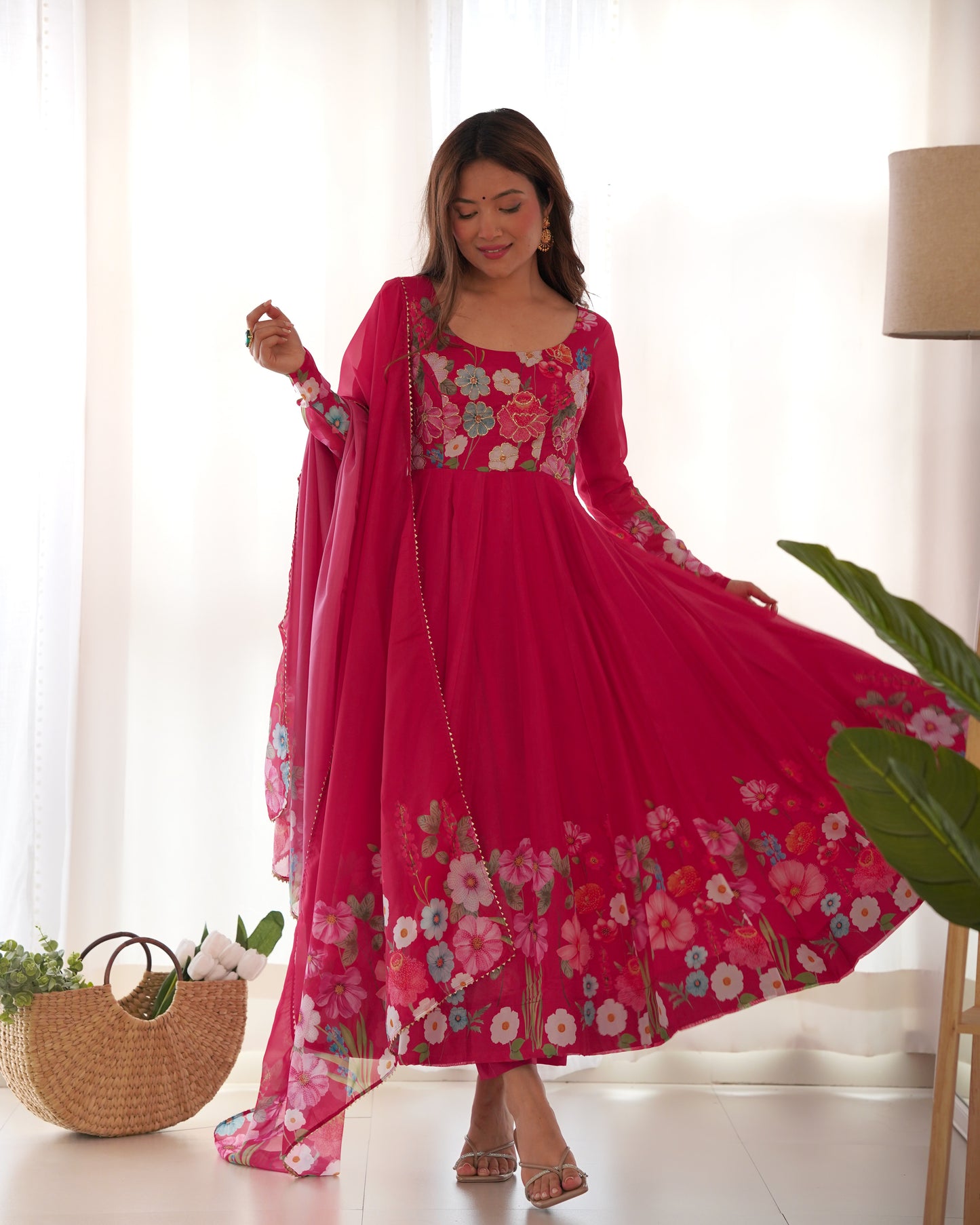 Incredible Pink Floral Printed Organza Festival Wear Anarkali Suit
