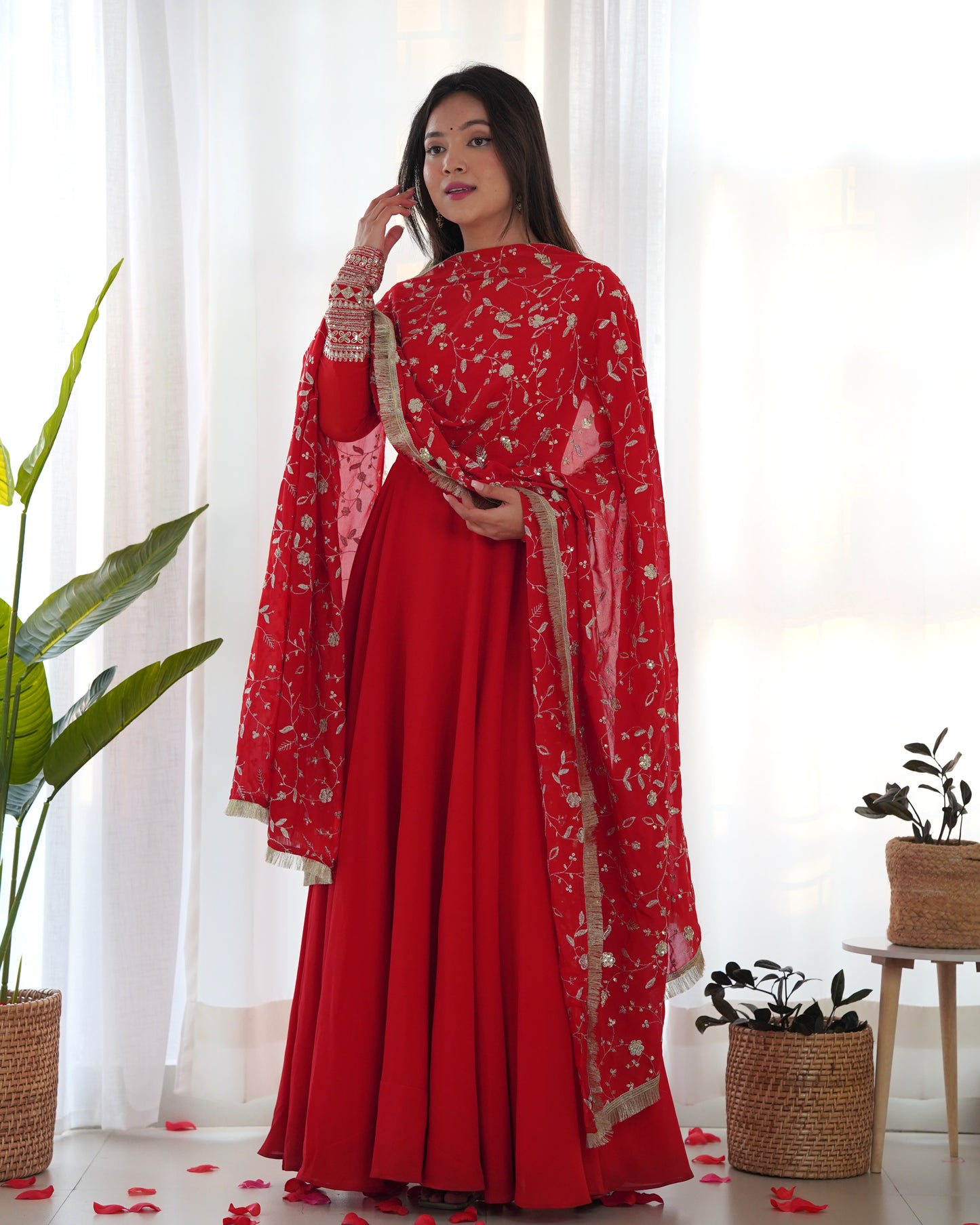 Red Solid Faux Georgette Anarkali Set
