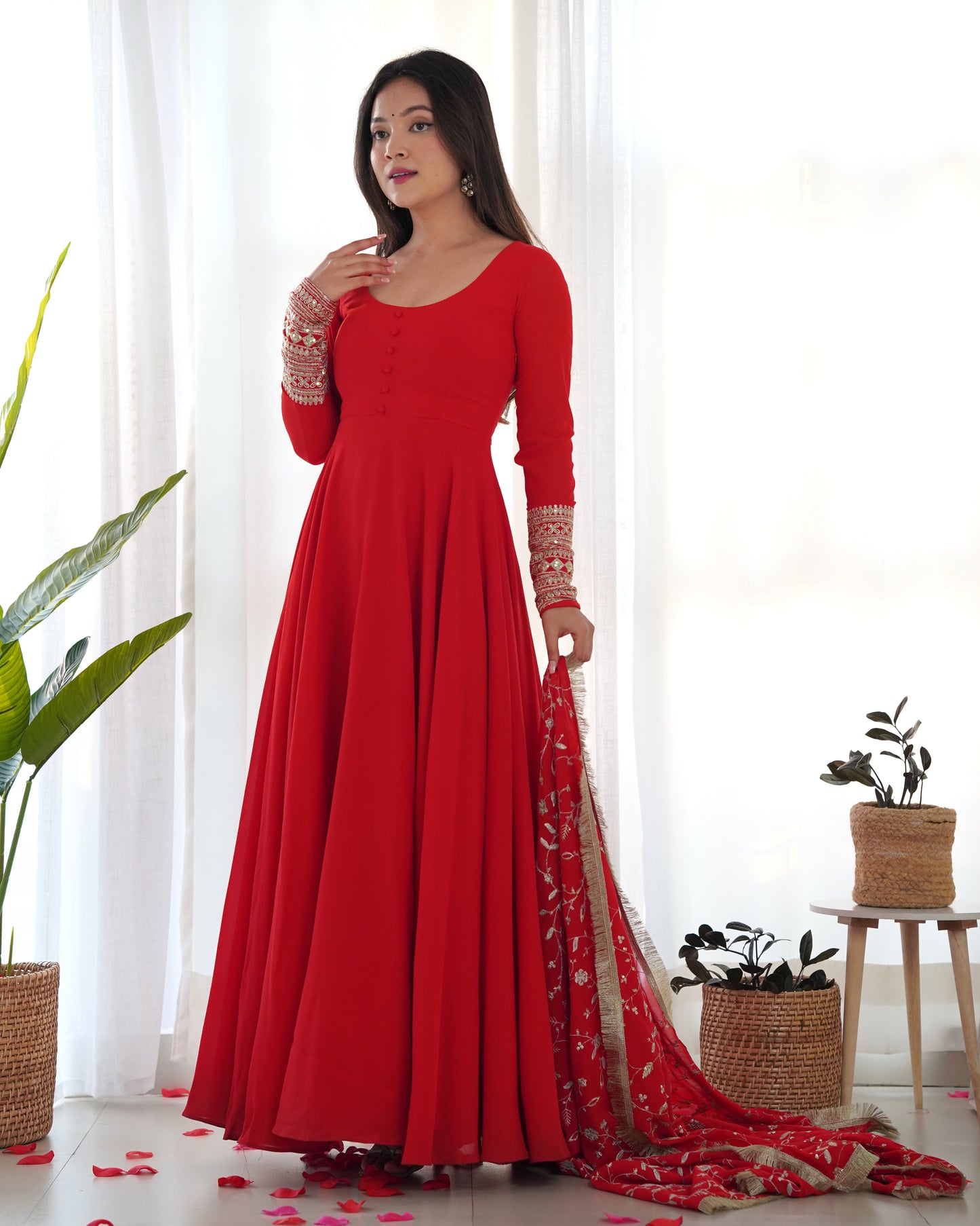 Red Solid Faux Georgette Anarkali Set