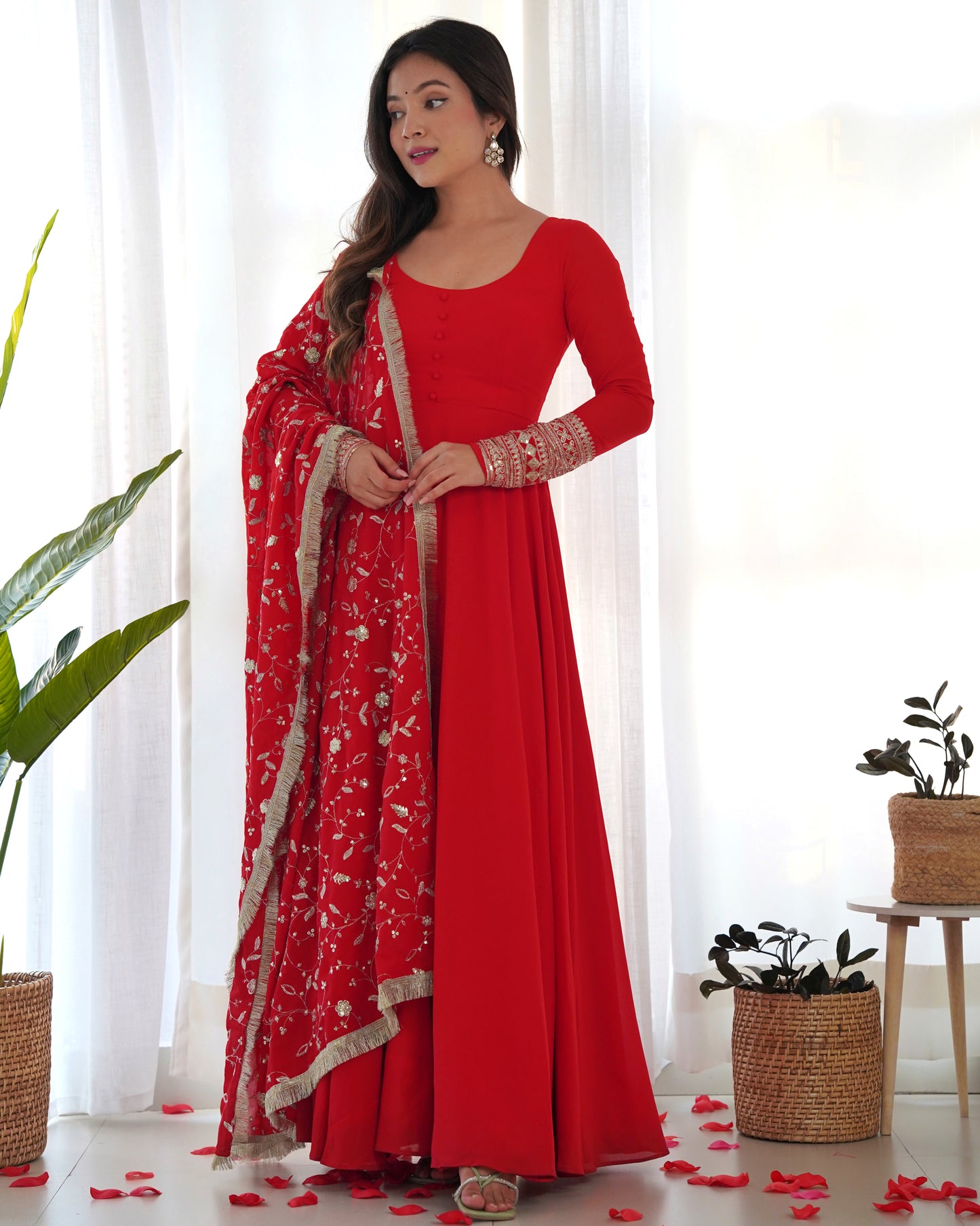 Red Solid Faux Georgette Anarkali Set