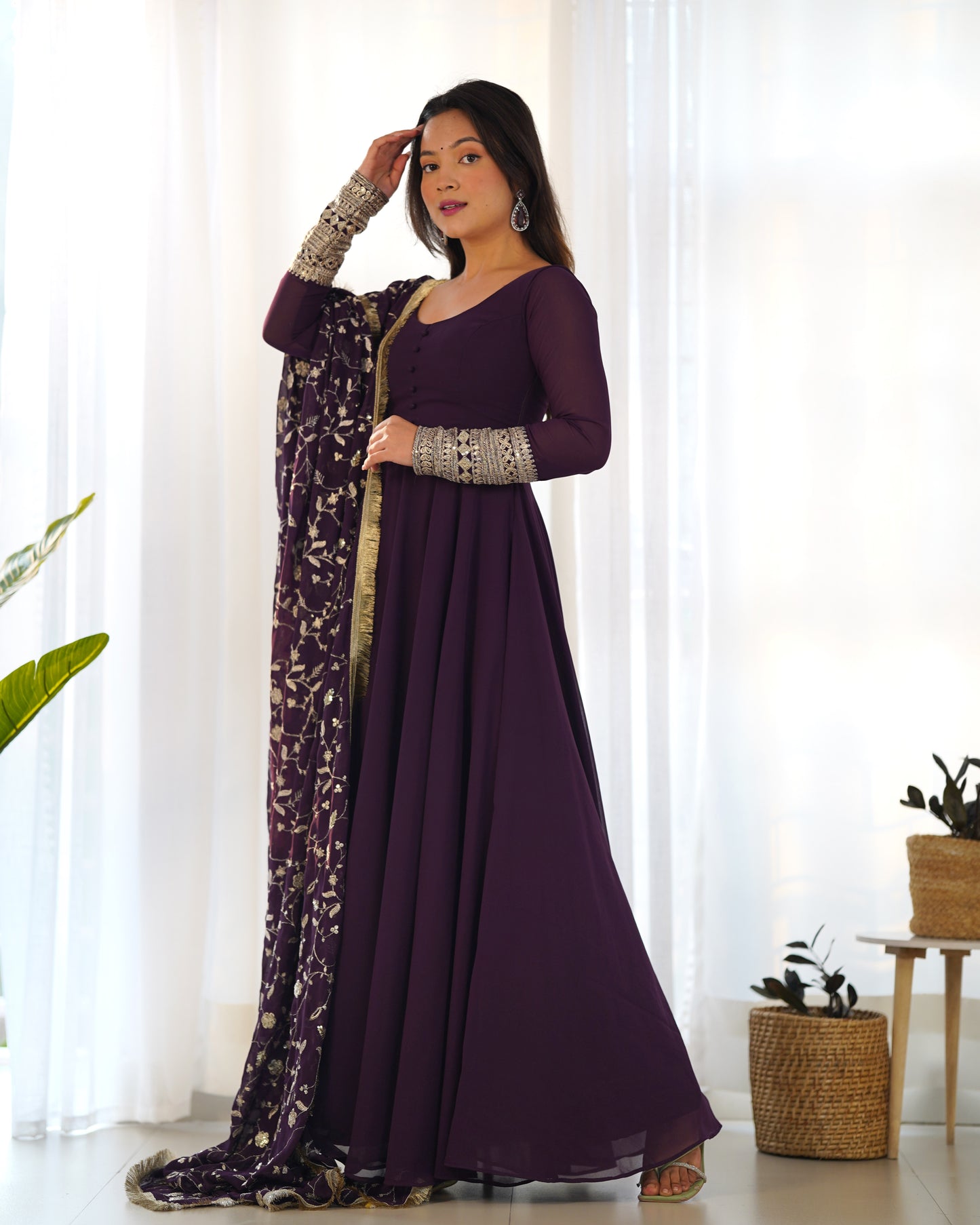 Aliya Wine Solid Faux Georgette Anarkali Set
