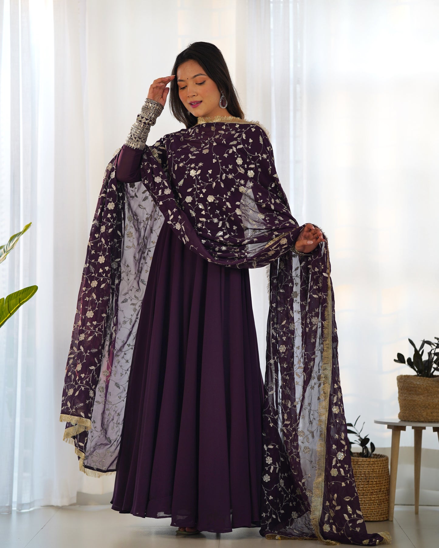 Aliya Wine Solid Faux Georgette Anarkali Set