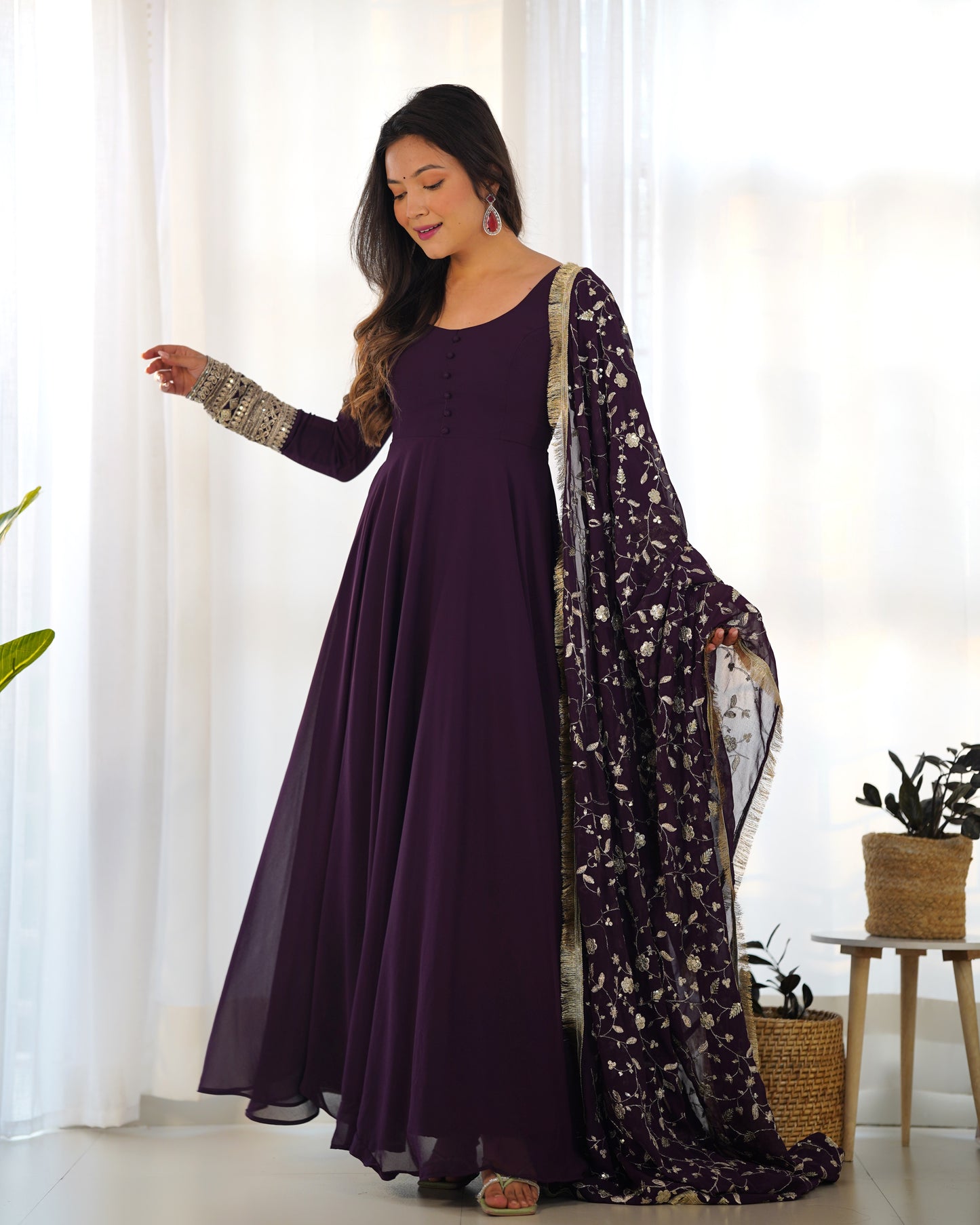Aliya Wine Solid Faux Georgette Anarkali Set
