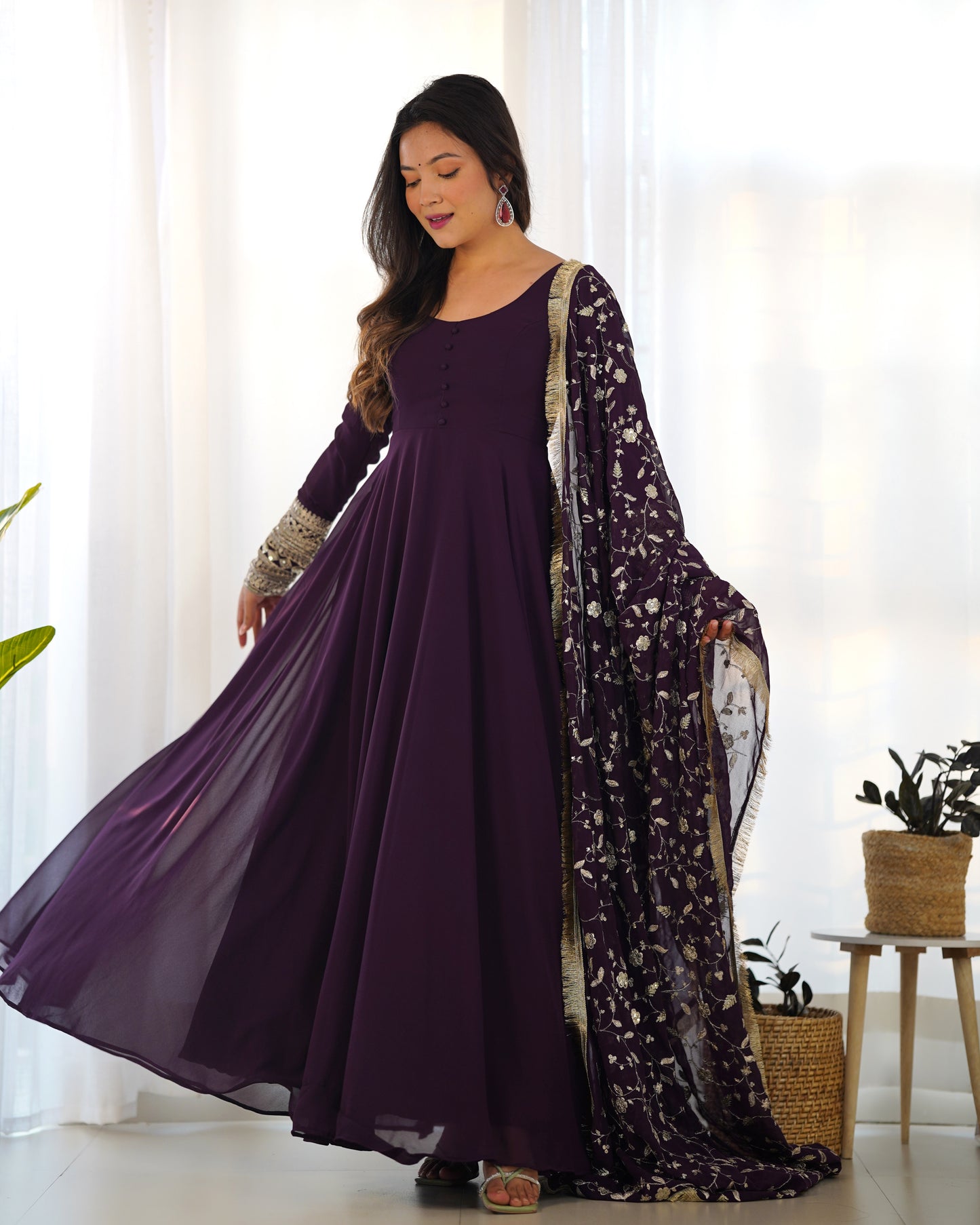 Aliya Wine Solid Faux Georgette Anarkali Set