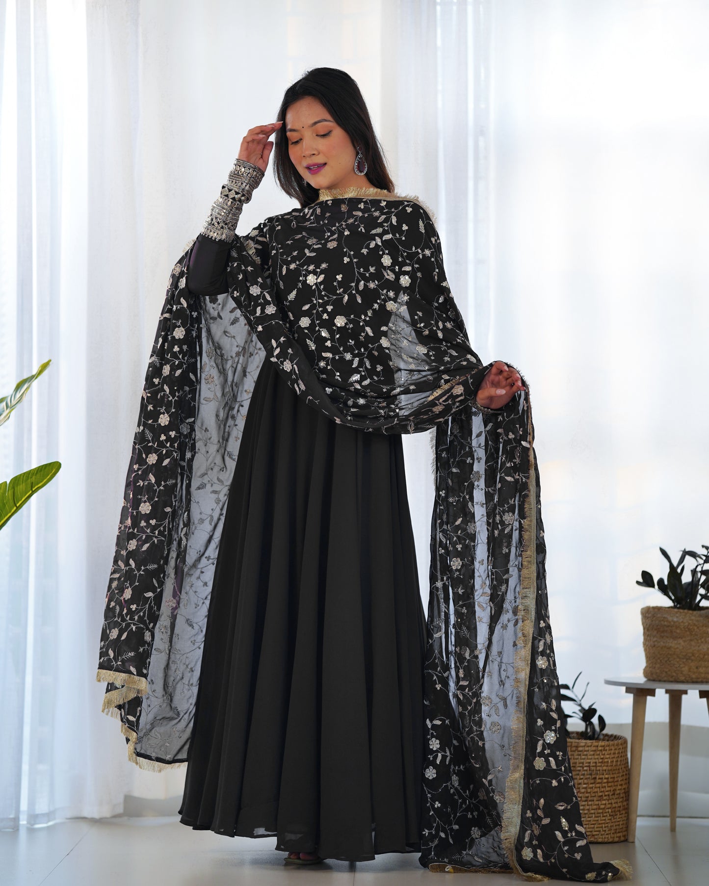 Black Solid Faux Georgette Anarkali Set