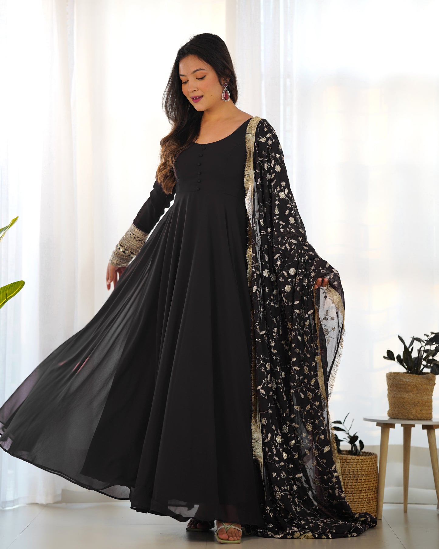 Black Solid Faux Georgette Anarkali Set