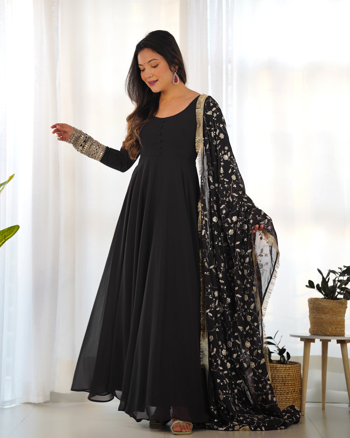 Black Solid Faux Georgette Anarkali Set