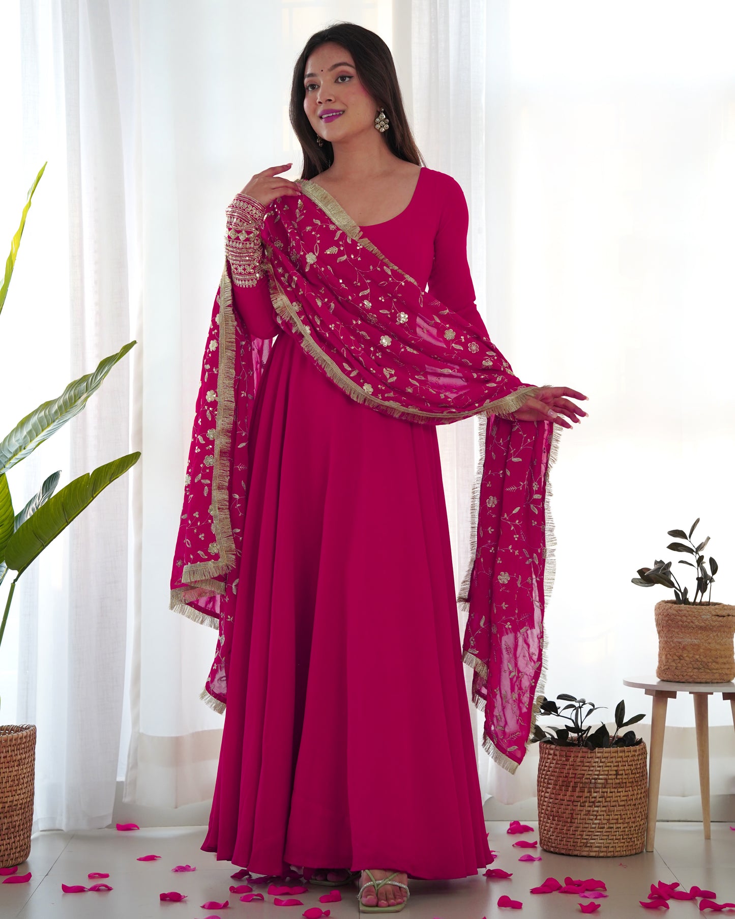 Rani Pink Solid Faux Georgette Anarkali Set