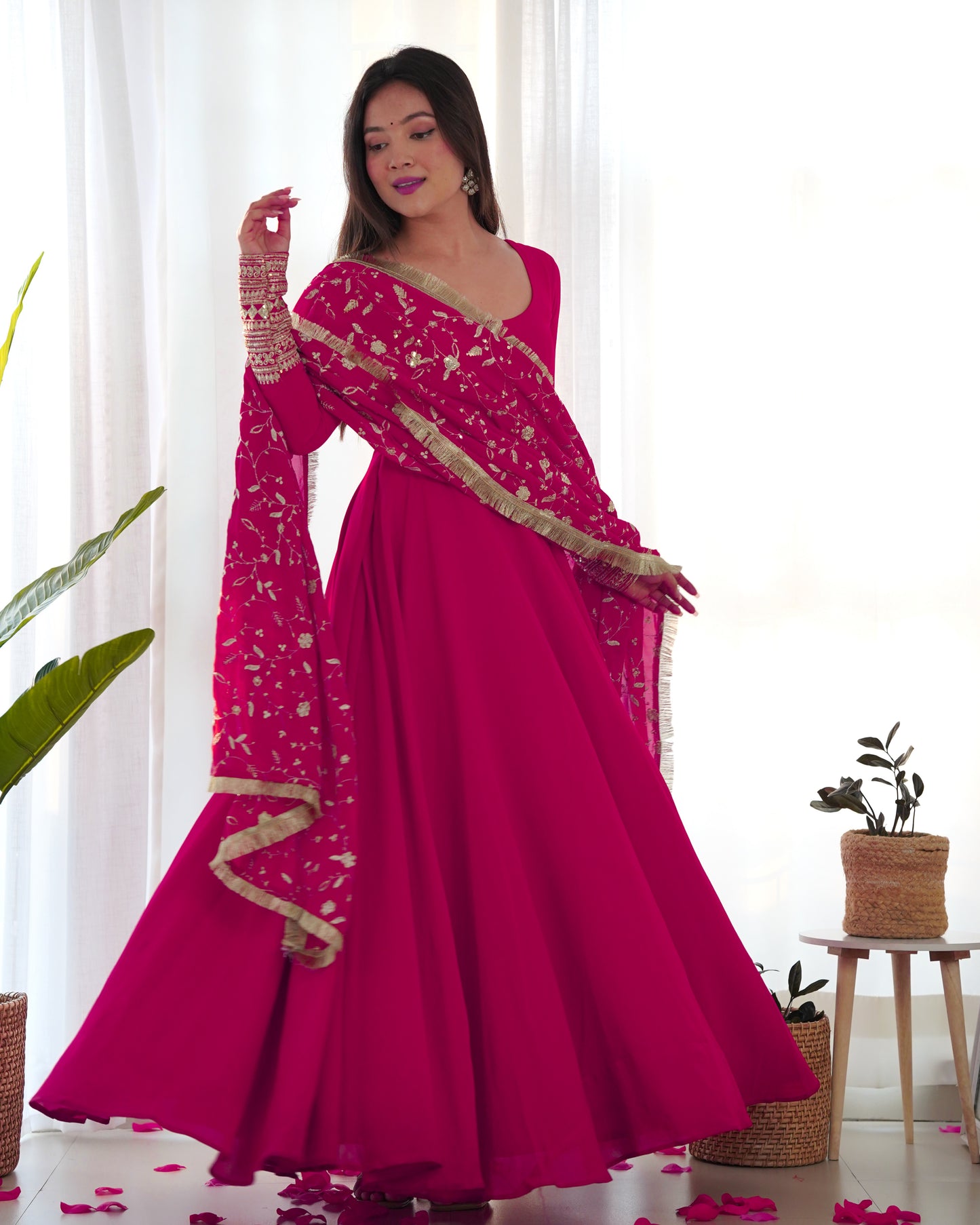 Rani Pink Solid Faux Georgette Anarkali Set