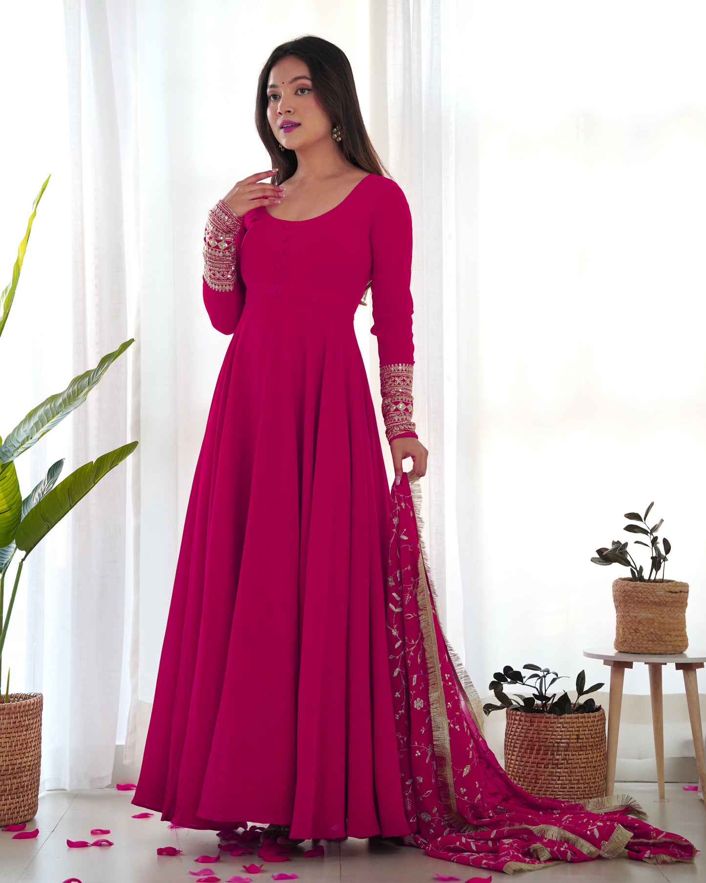 Rani Pink Solid Faux Georgette Anarkali Set