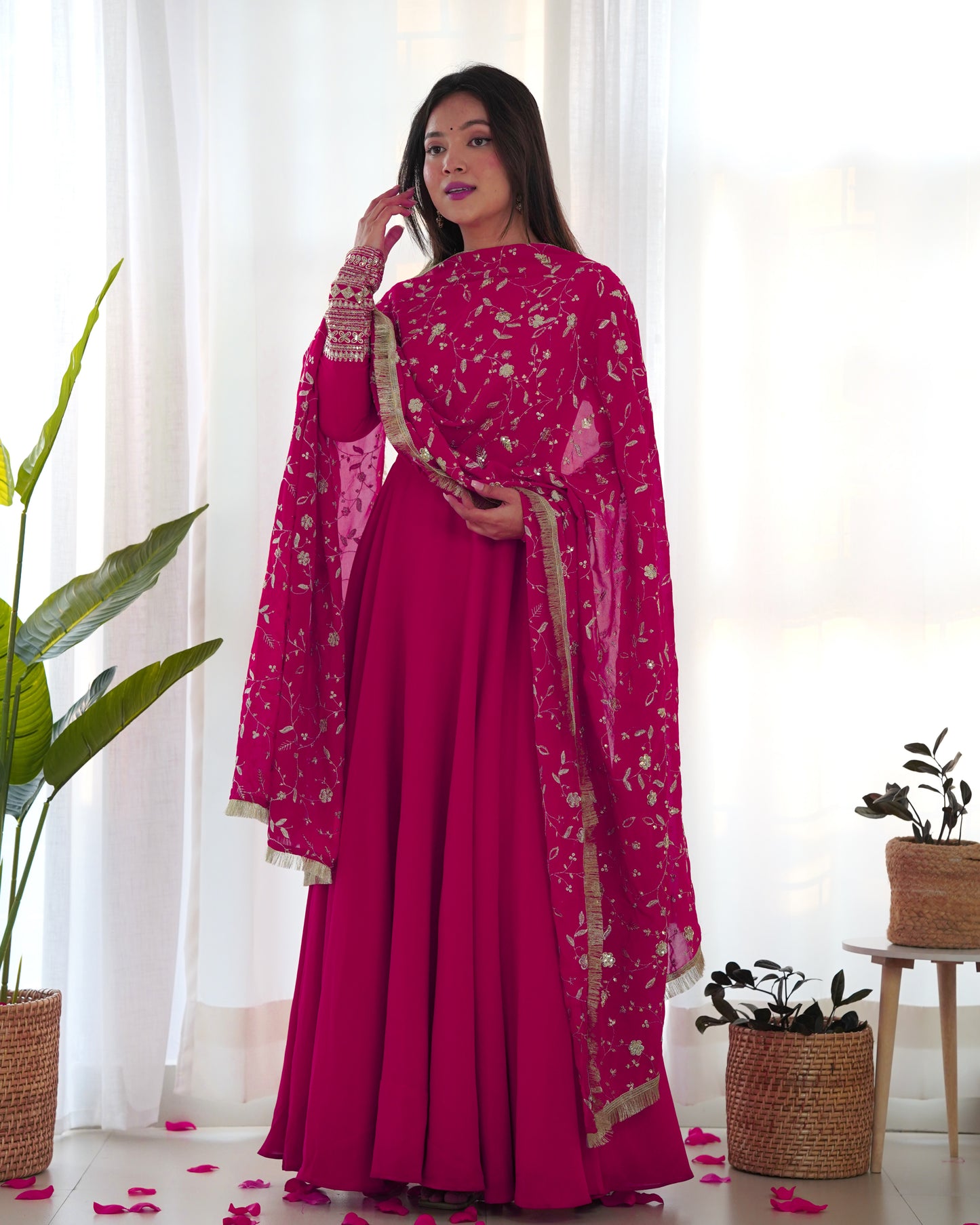 Rani Pink Solid Faux Georgette Anarkali Set
