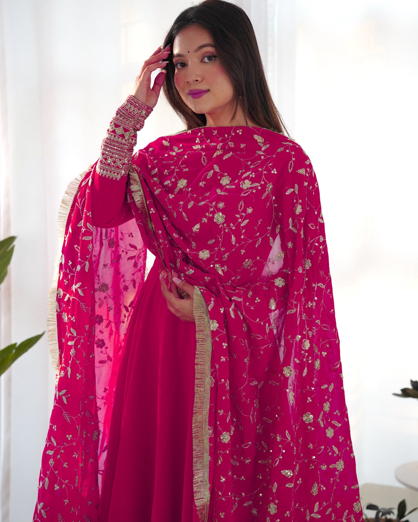 Rani Pink Solid Faux Georgette Anarkali Set