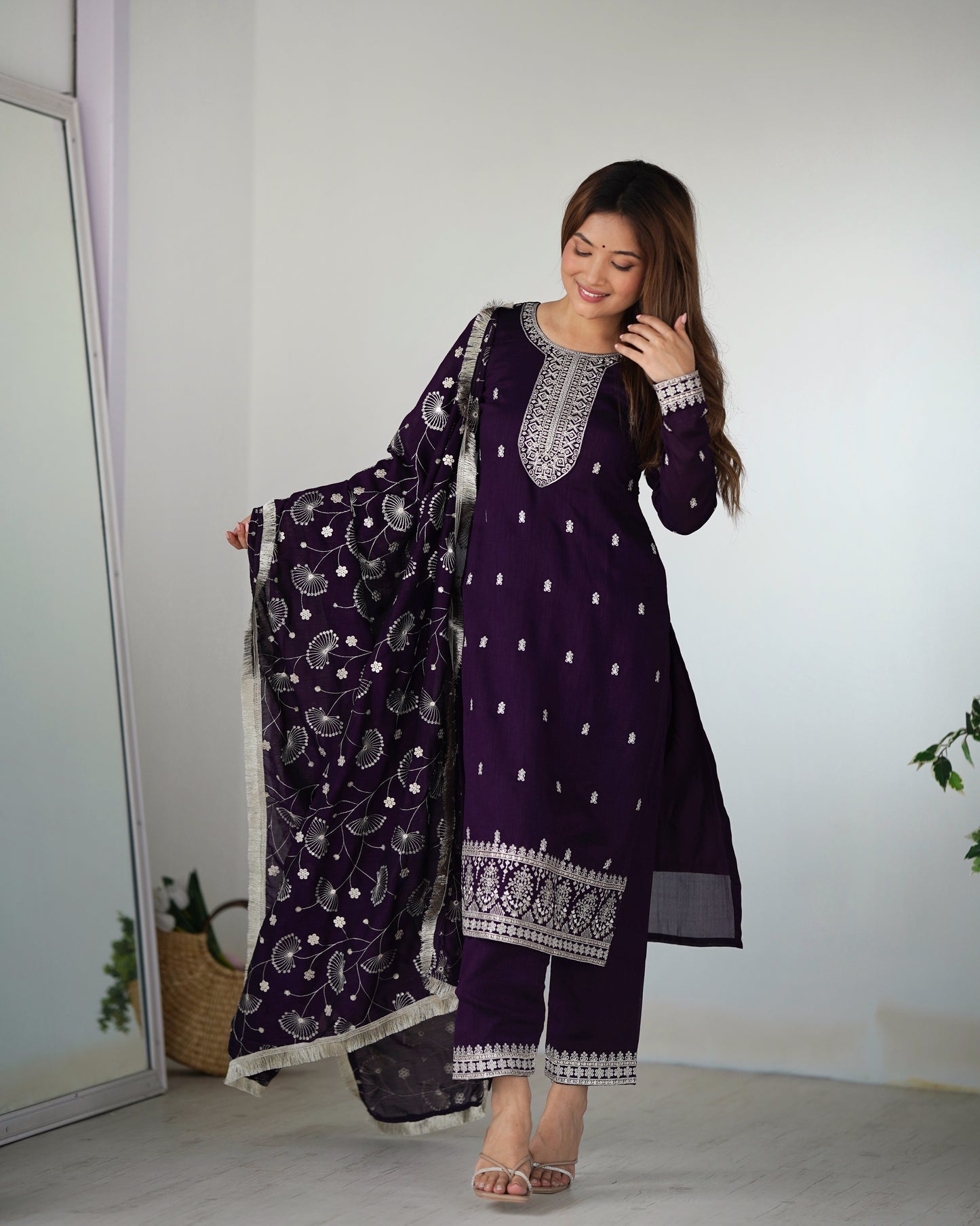 Wine Color Rangoli Silk Three Piece Kurti Pant Suit
