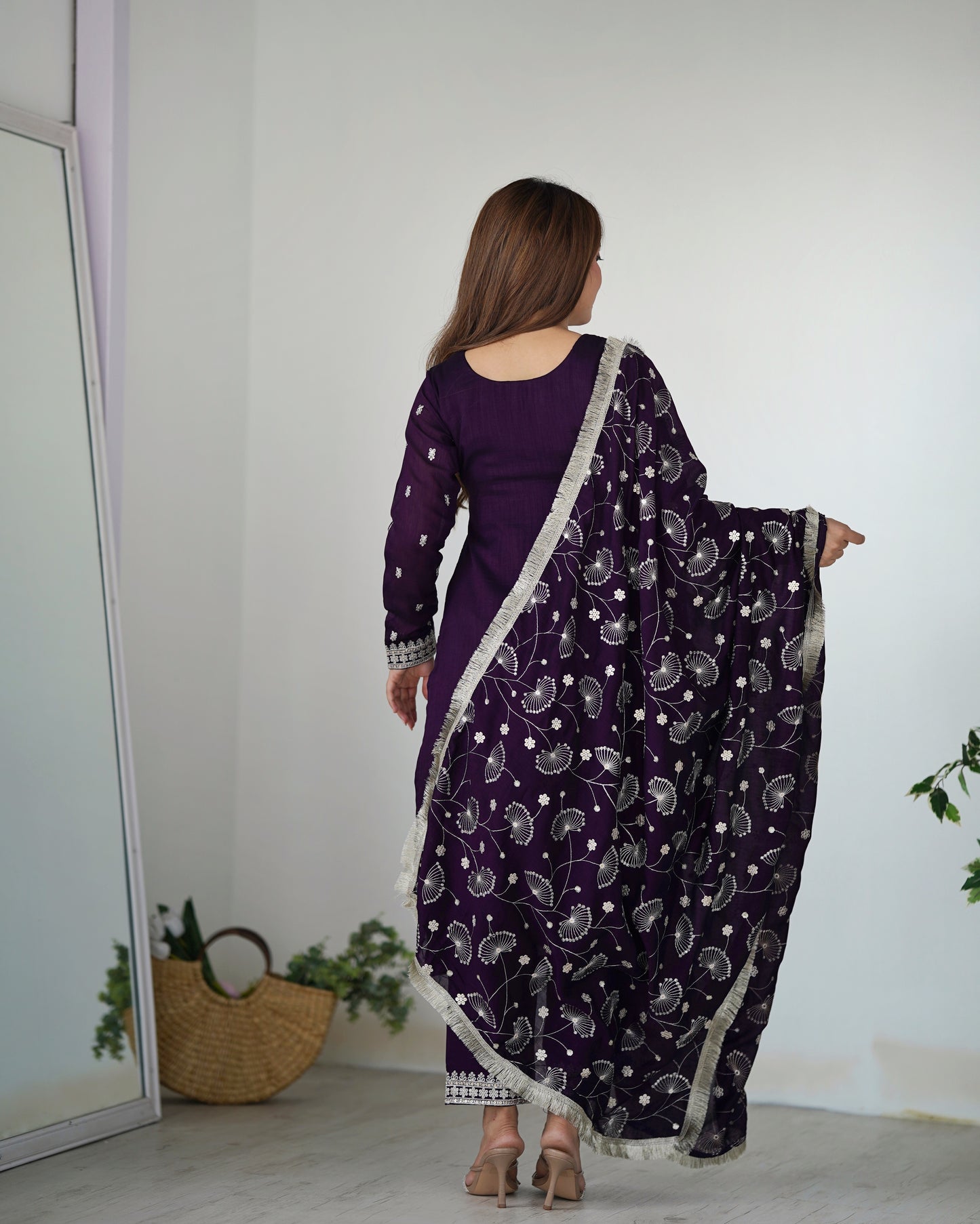 Wine Color Rangoli Silk Three Piece Kurti Pant Suit