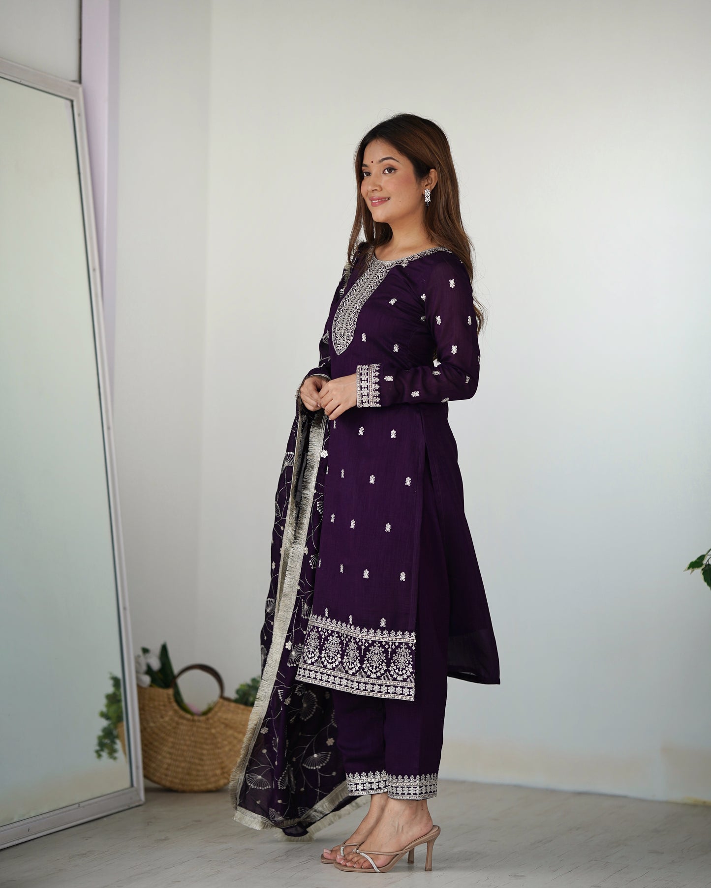 Wine Color Rangoli Silk Three Piece Kurti Pant Suit