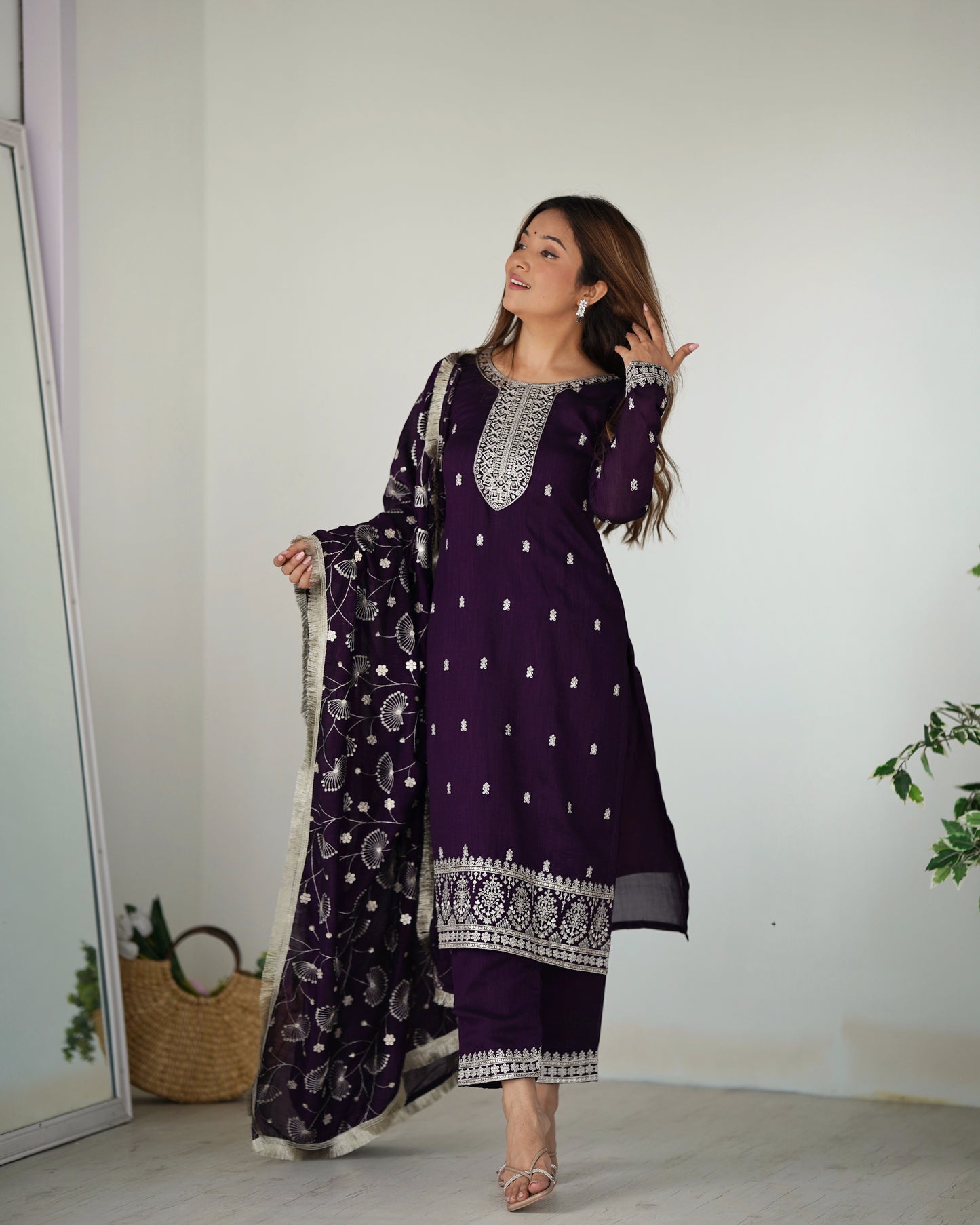 Wine Color Rangoli Silk Three Piece Kurti Pant Suit
