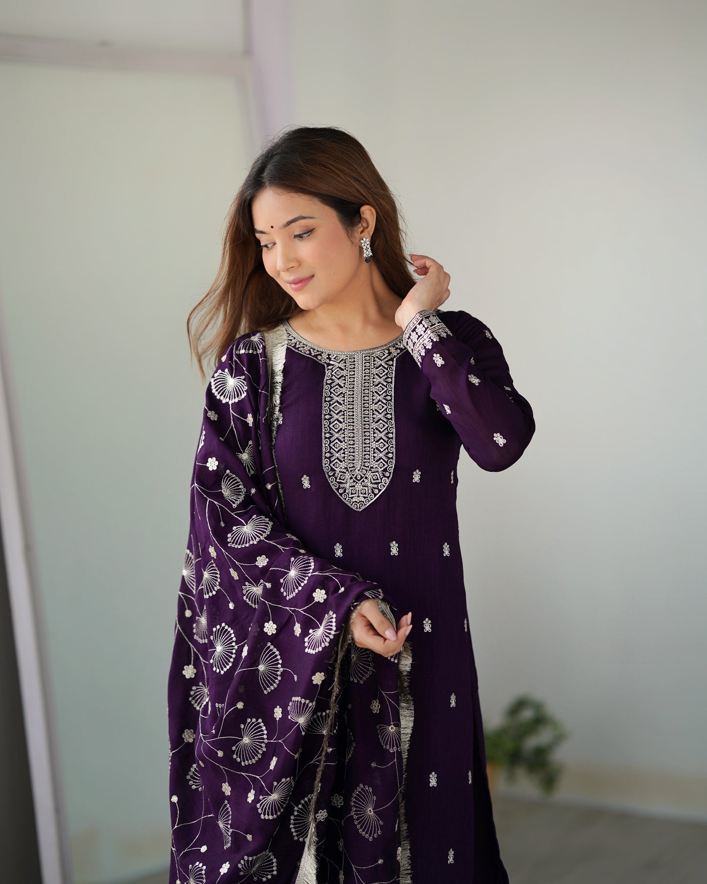 Wine Color Rangoli Silk Three Piece Kurti Pant Suit