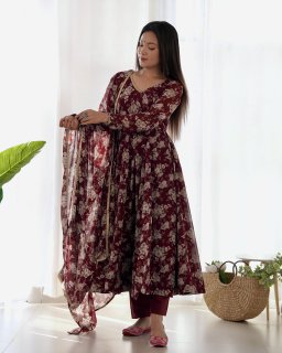 Dark Maroon Pure Soft Fox Georgette With Huge Flair, Anarkali Suit Set