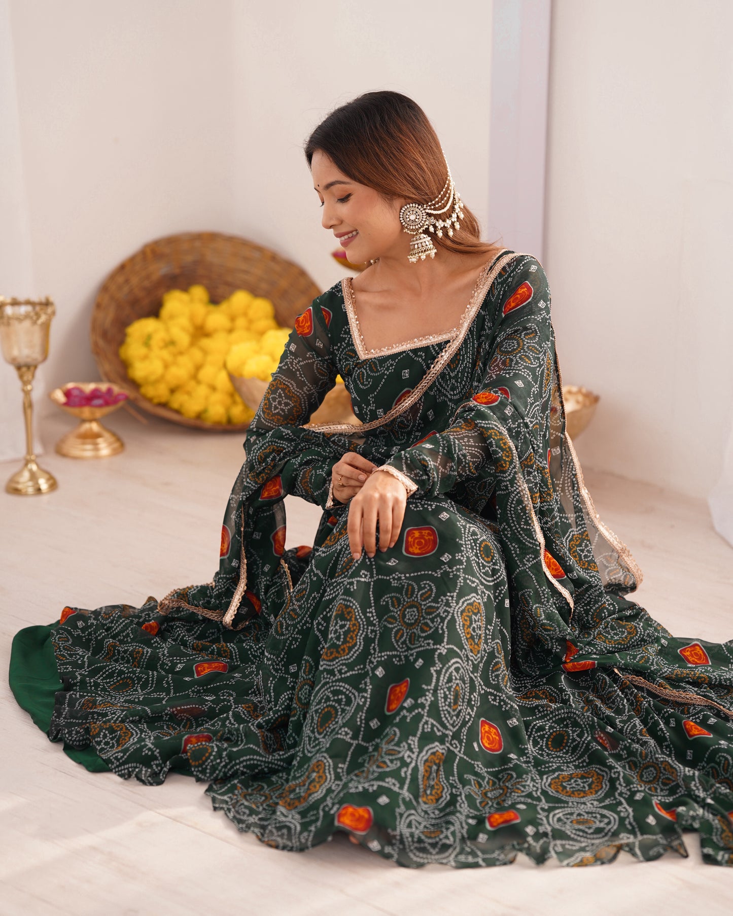 Manvi Bandhej Chiffon Printed Flair Green Anarkali Suit Set